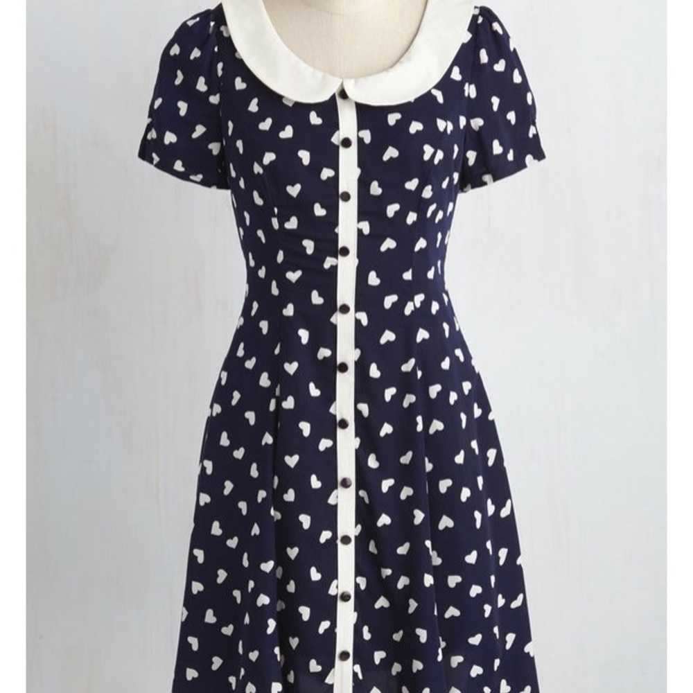 Navy A Line Peter Pan Dress w/ White heart print